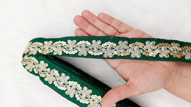 Art Silk Fabric Trim With Gold Floral Embroidery, Floral Sequins Sari Border, Trim By 3 Yards